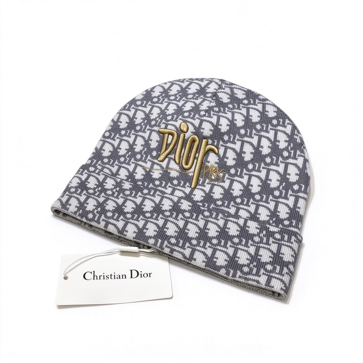 Dior Style Oblique Knit Beanie – Grey & White Monogram Jacquard Cold Weather Hat with Gold Embroidered Dior Paris Logo, Luxury French Designer Winter Wool Cap for Men & Women