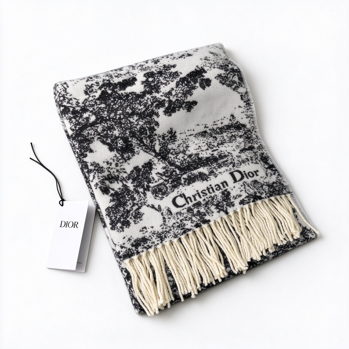 Christian Dior Toile de Jouy Sauvage Scarf in Black & White — Reversible Cashmere Wool Blend Fringed Shawl | Luxury Designer Fashion Accessory