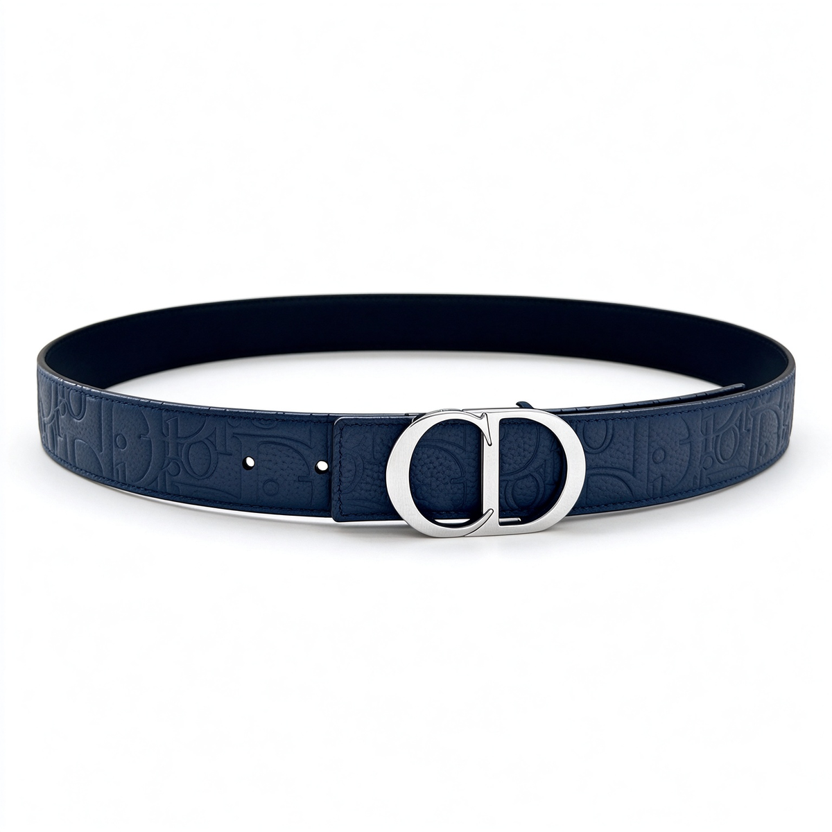 Dior 30 Montaigne Navy Blue Oblique Embossed Leather Belt | Silver CD Buckle — Luxury Designer Wide Waist Belt