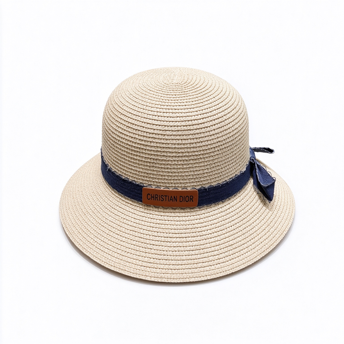 Dior Style Straw Cloche Sun Hat – Natural Beige Woven Hat with Denim Ribbon Band & Leather Christian Dior Logo Patch, Luxury French Designer Summer Resort Hat for Women