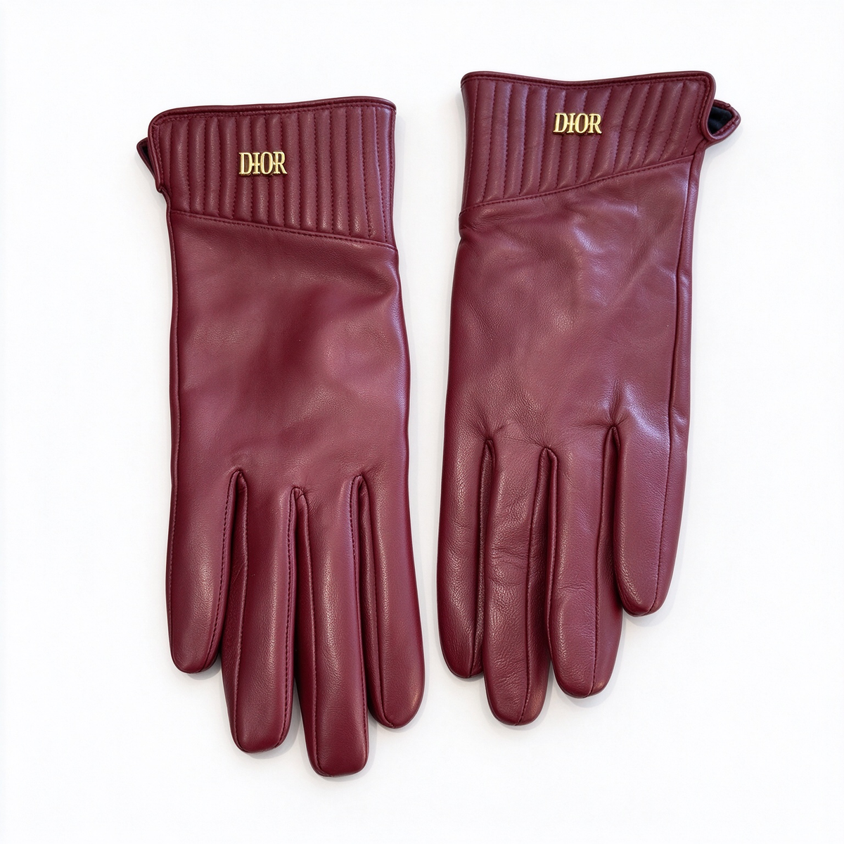 Dior Lambskin Touchscreen Gloves | Burgundy Wine Red Leather with Gold-Tone DIOR Logo & Cashmere Lining