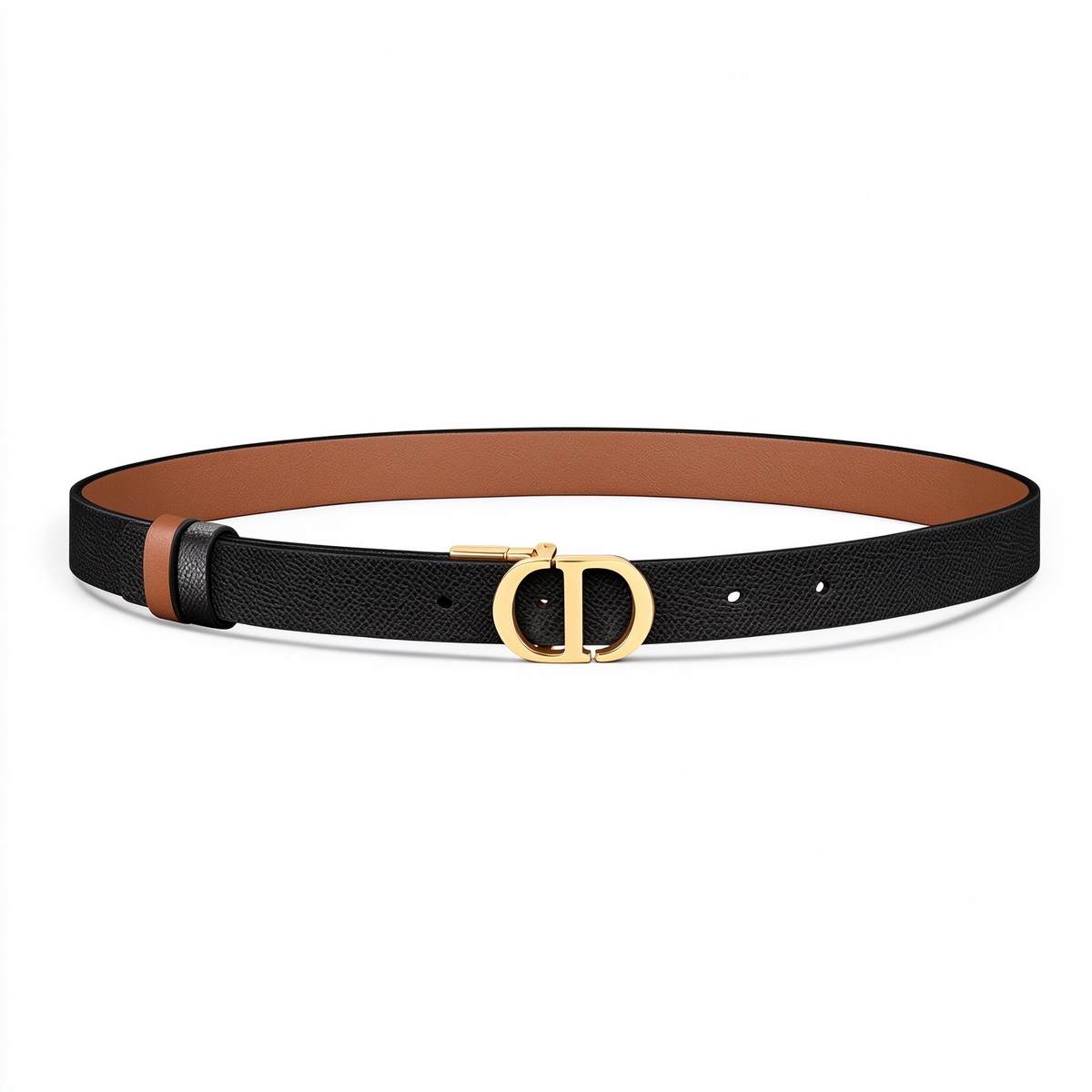 Dior 30 Montaigne Black Grained Leather Belt | Gold CD Buckle & Tan Contrast Lining — Luxury Designer Skinny Waist Belt