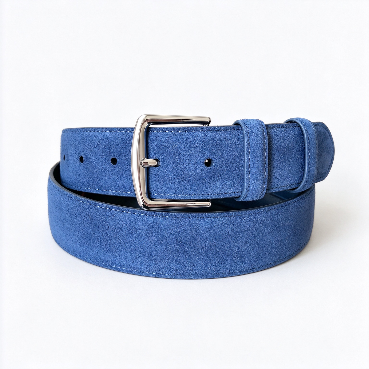 Loro Piana Men's Suede Leather Belt in Medium Blue with Silver-Tone Buckle — Italian Crafted Reversible Luxury Belt | Premium Designer Fashion Accessories