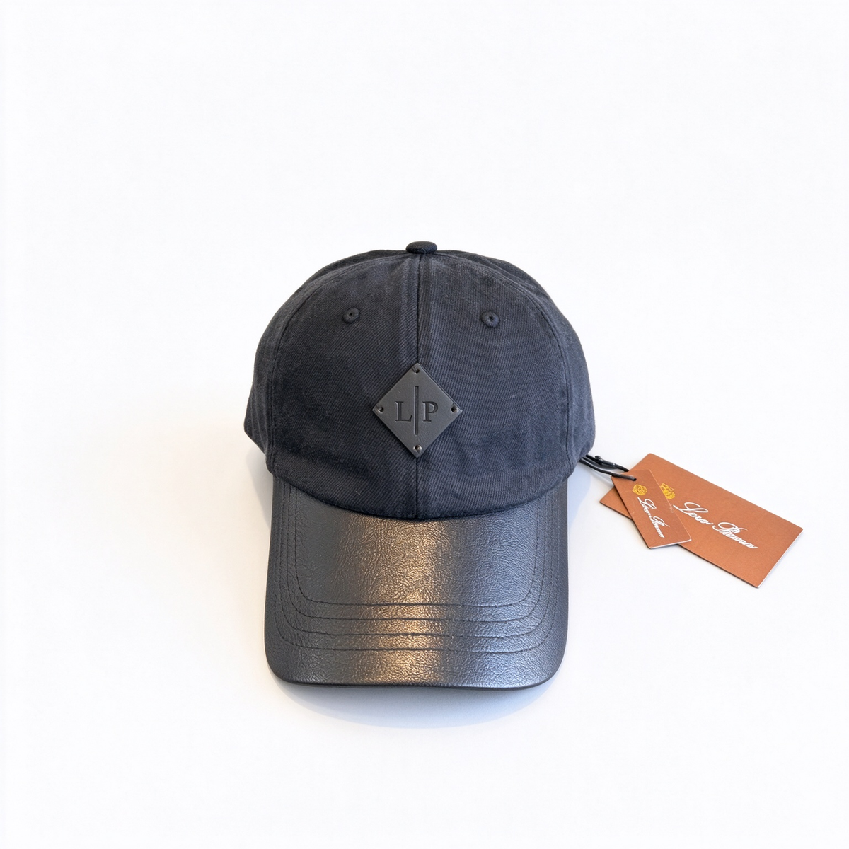 Loro Piana Black Leather Trim Baseball Cap - Charcoal Cotton Twill Dad Hat with Black Calfskin Brim & LP Diamond Patch, Designer Luxury Cap