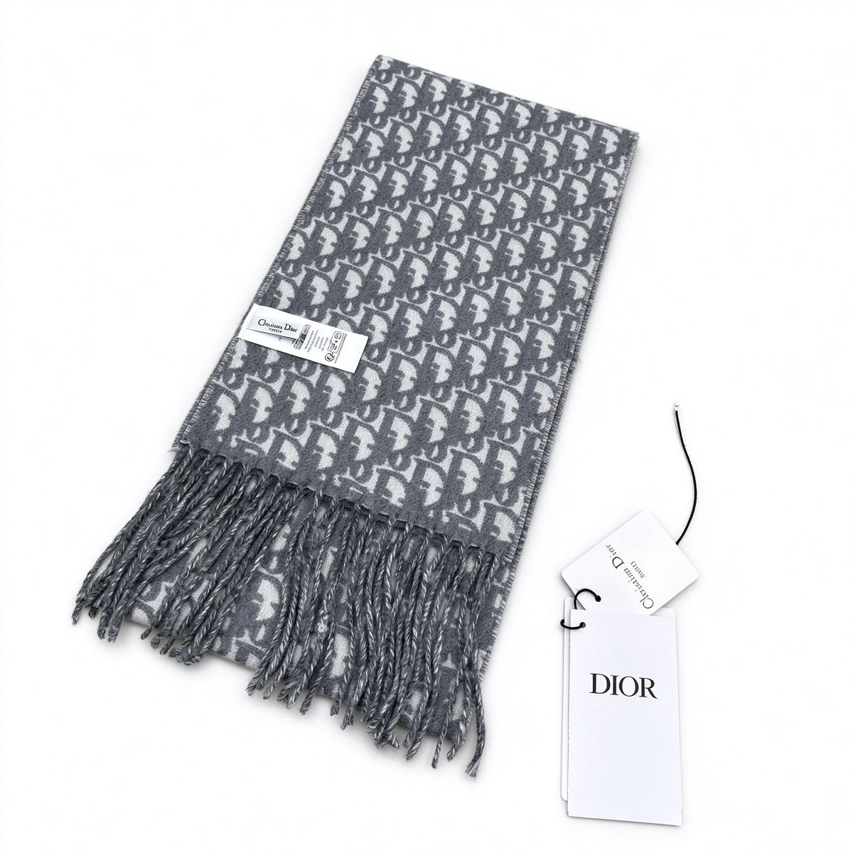 Dior Oblique Jacquard Scarf | Charcoal Grey & Light Grey Wool Wrap | Reversible Fringed Luxury Stole