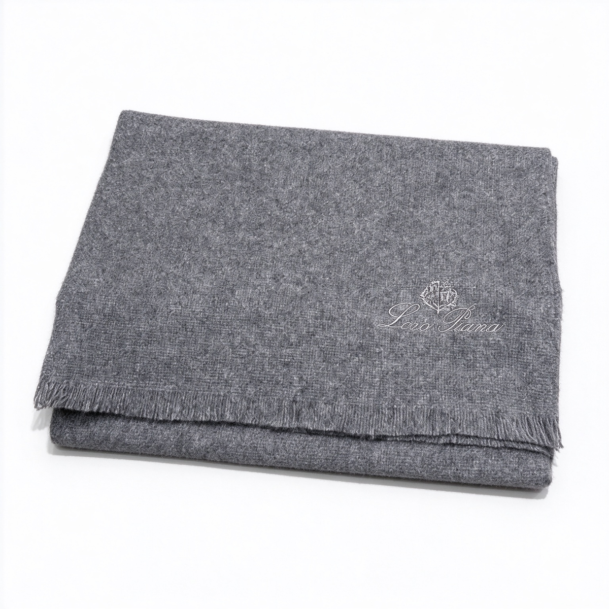 Loro Piana Grande Unita  Cashmere Oversized Scarf | Luxury Frisson Cashmere Wrap Stole in Middle Grey | Iconic Brand Crest Embroidery