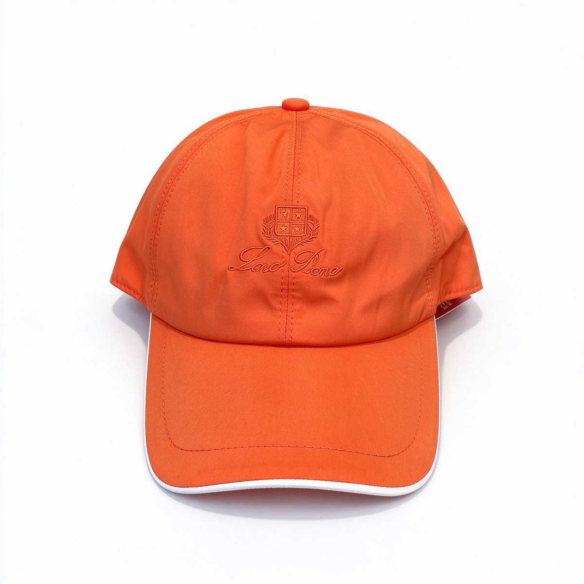 Loro Piana Storm System Baseball Cap | Bright Orange Waterproof Wind Microfiber Hat with White Trim & Tonal Embroidered Logo