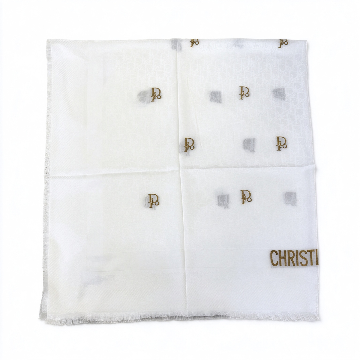 Dior Oblique Jacquard Shawl Scarf | White & Gold Wool Silk Cotton Wrap | Large Square Fringed Stole