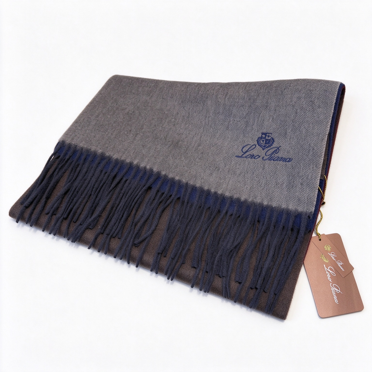 Loro Piana  Cashmere Grande Unita Scarf Heather Grey Navy Logo | Luxury Embroidered Fringed Wrap Women's & Men's Accessories