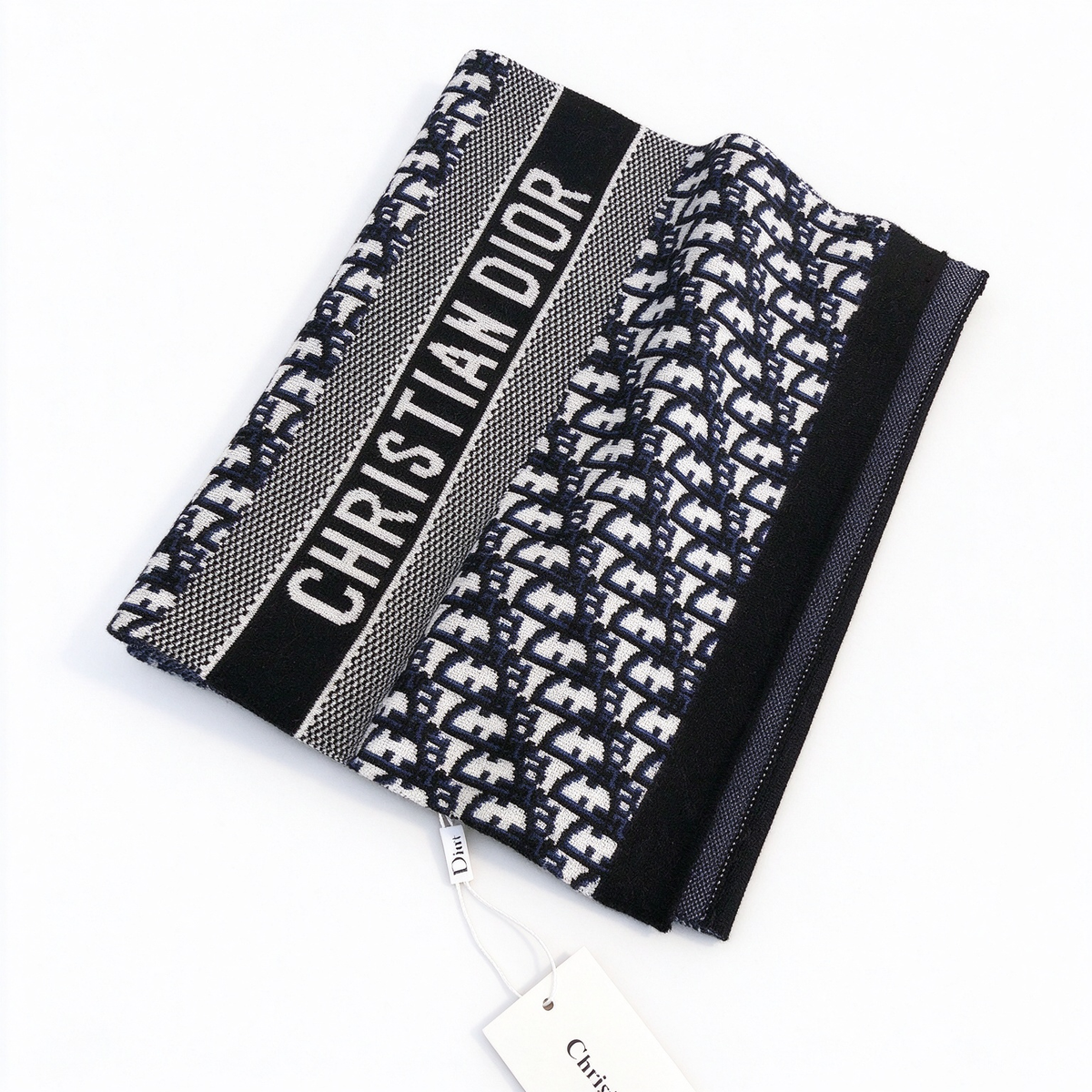 Dior Oblique Jacquard Scarf | Navy Blue & Black Knit Wrap | Reversible Logo Band & Stripe Border Stole