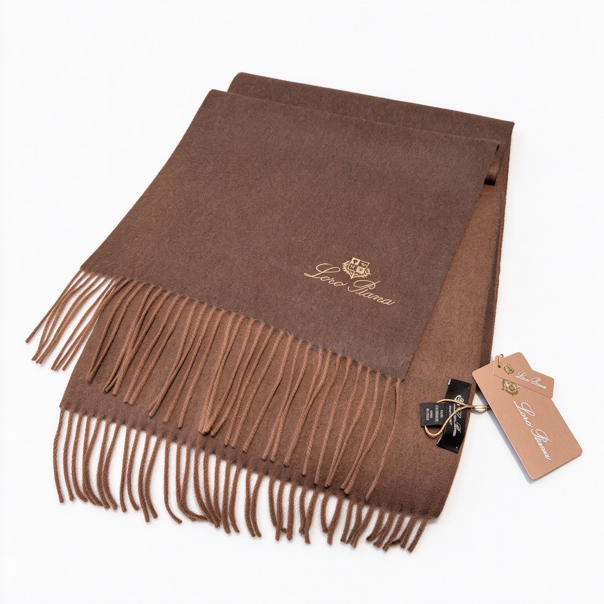 Loro Piana Cashmere Grande Unita Scarf Dark Chocolate Brown | Gold Embroidered Crest Fringed Luxury Wrap Women's & Men's