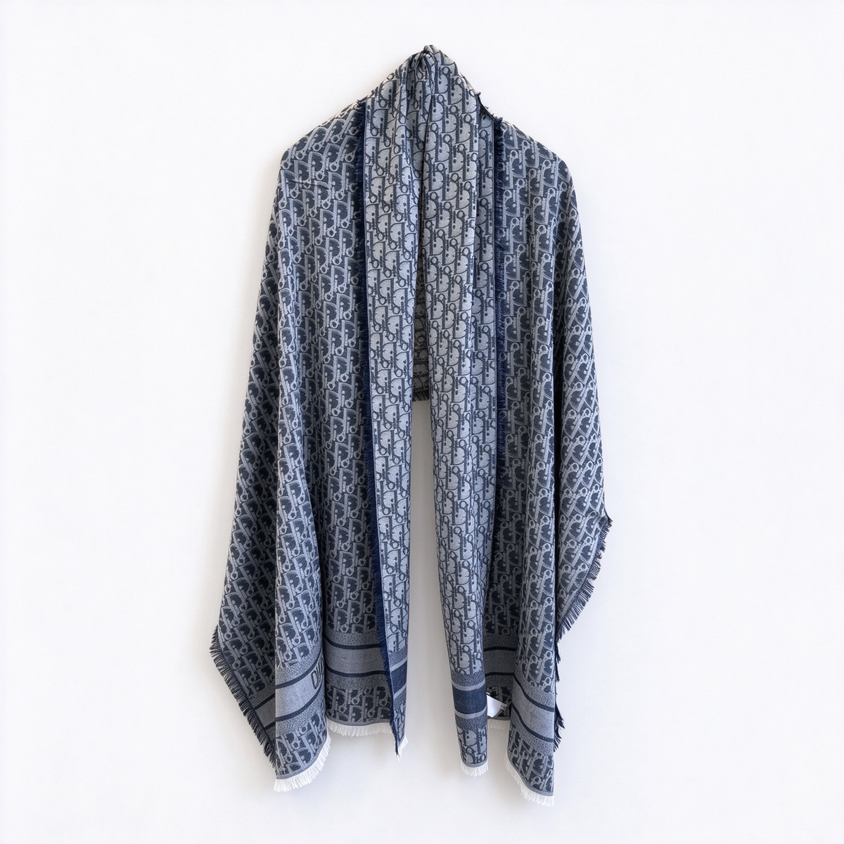 Christian Dior Oblique Jacquard Scarf – Navy & Light Blue Monogram Wool Cashmere Blend Reversible Fringed Scarf | Luxury Designer Unisex Accessory