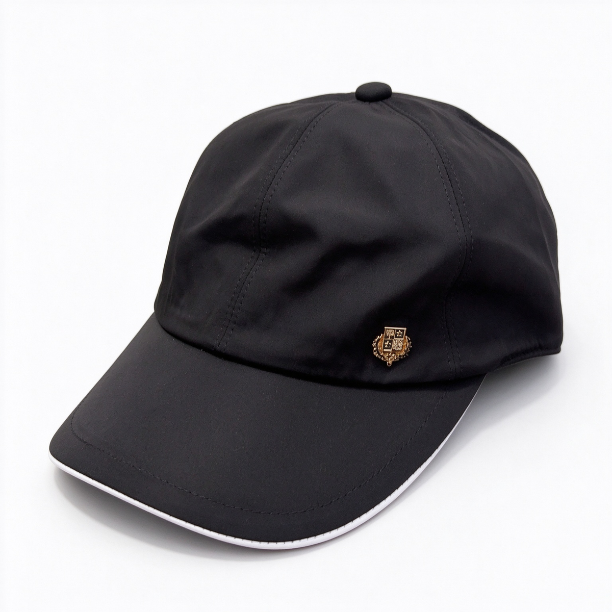 Loro Piana Storm System  Baseball Cap | Black Waterproof Wind Microfiber Hat with White Trim & Gold Crest Badge