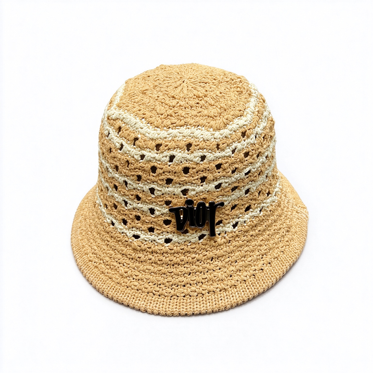 Dior-style crocheted raffia bucket hat—crafted from natural beige raffia in an open-weave pattern, featuring a black, metallic-finish Dior logo.