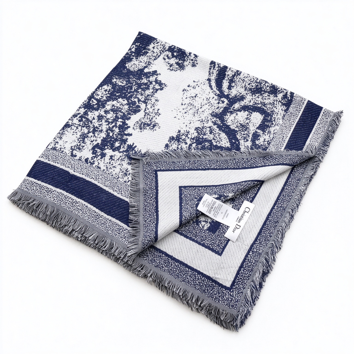 Christian Dior Toile de Jouy Jungle Wool Silk Scarf in Ivory & Navy — Large Fringed Blanket Wrap Shawl |  Luxury Designer Fashion Accessory