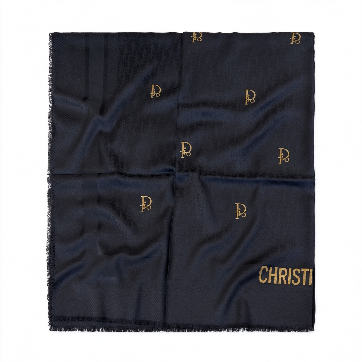 Dior Oblique Jacquard Shawl/Scarf | Navy blue and gold, crafted from a blend of wool, silk, and cotton | Large square shawl with fringe