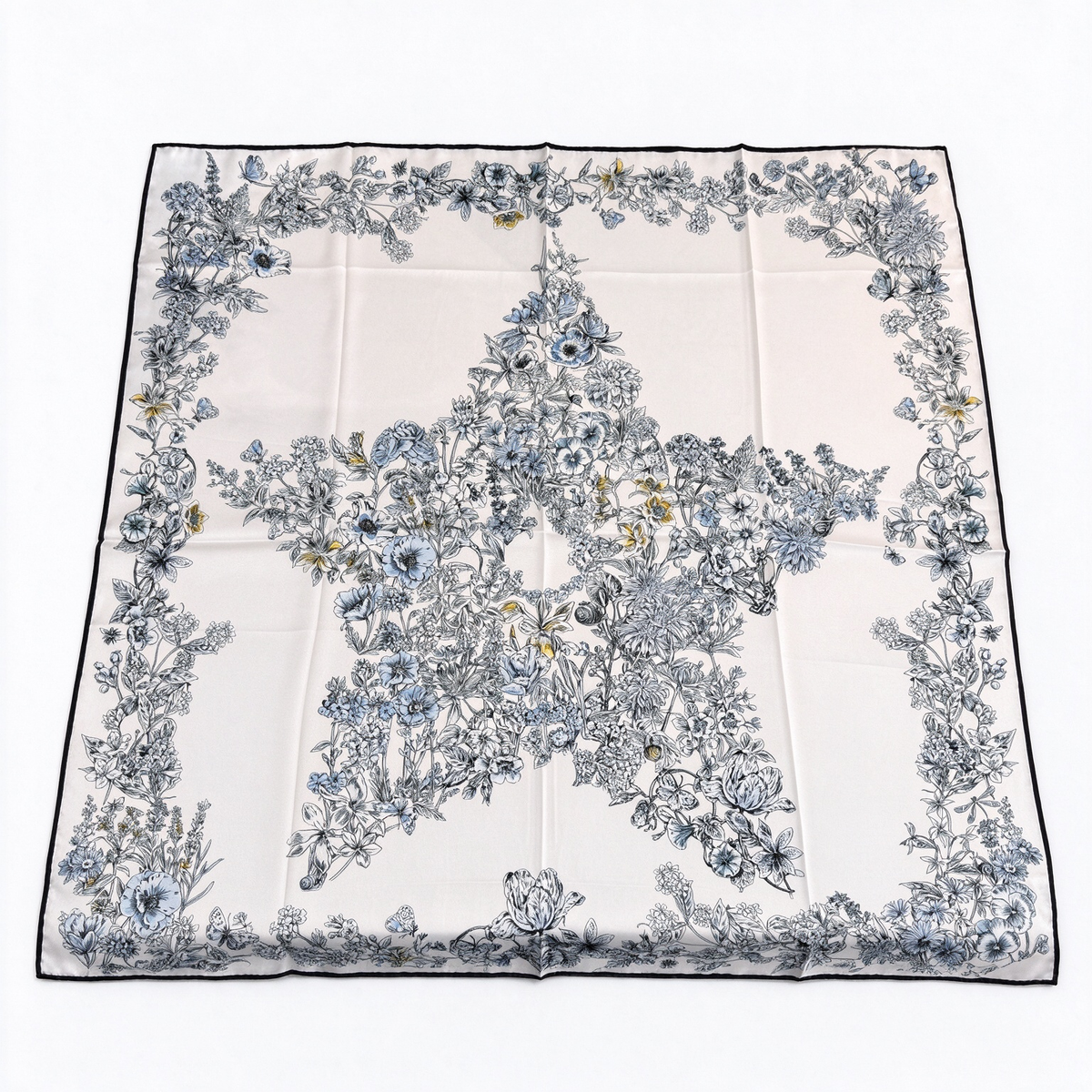 Dior Star Floral Silk Scarf | Ivory & Blue Hand-Rolled Square Scarf | Luxury Silk Twill