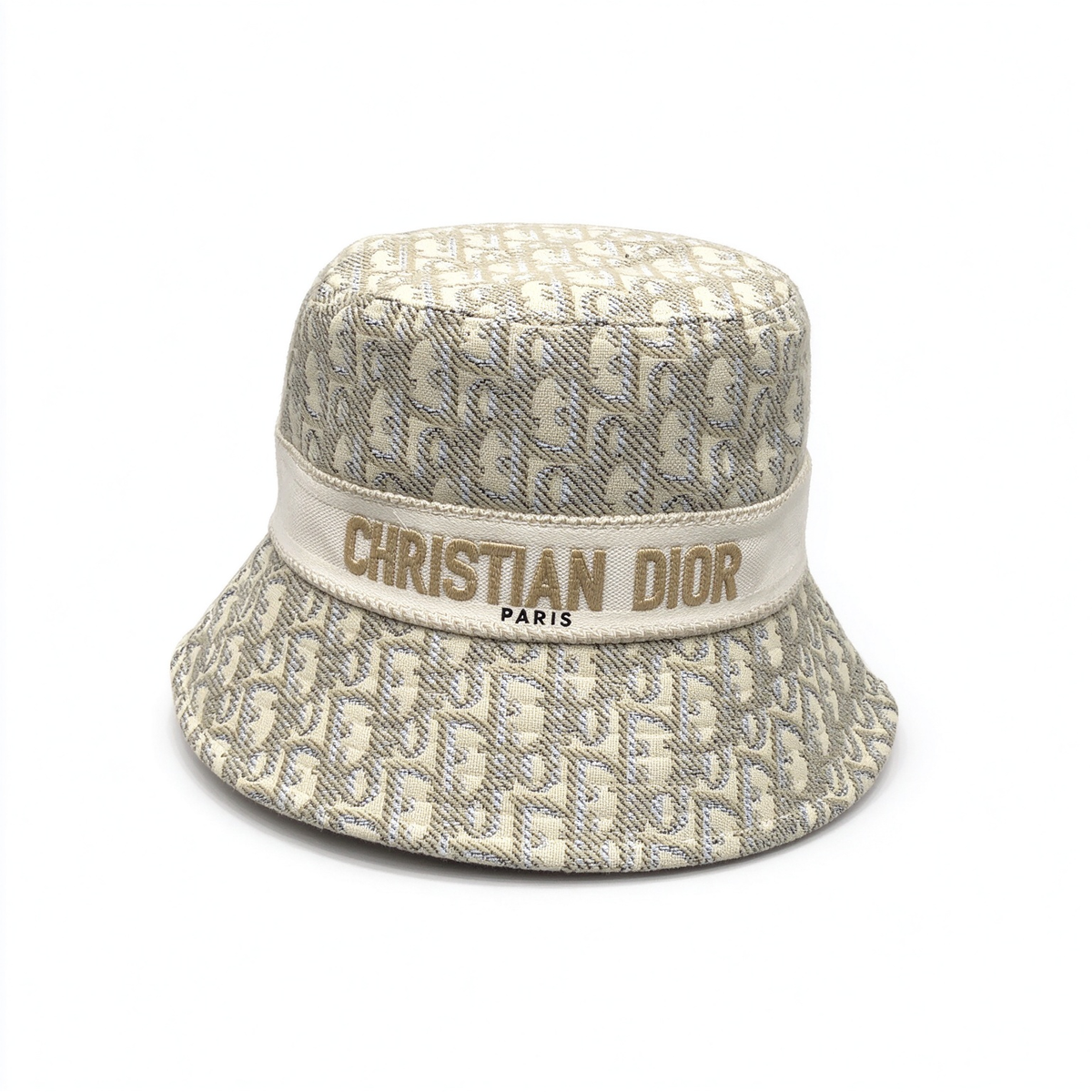 Dior Style Oblique Jacquard Bucket Hat – Grey & Silver All-Over Monogram Fisherman Hat with Christian Dior Paris Band, Luxury French Designer Cotton Blend Sun Hat for Men & Women