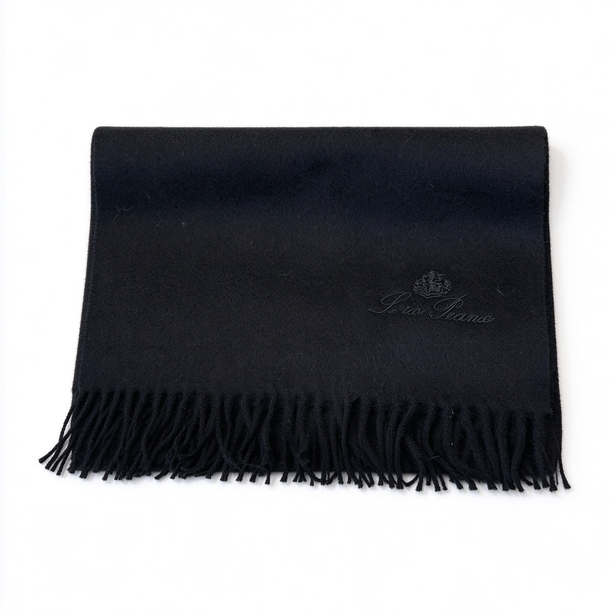 Loro Piana Gifts Cashmere Scarf | Luxury Black Cashmere Wrap with Tone-on-Tone Embroidered Crest | Classic Tassel Fringes