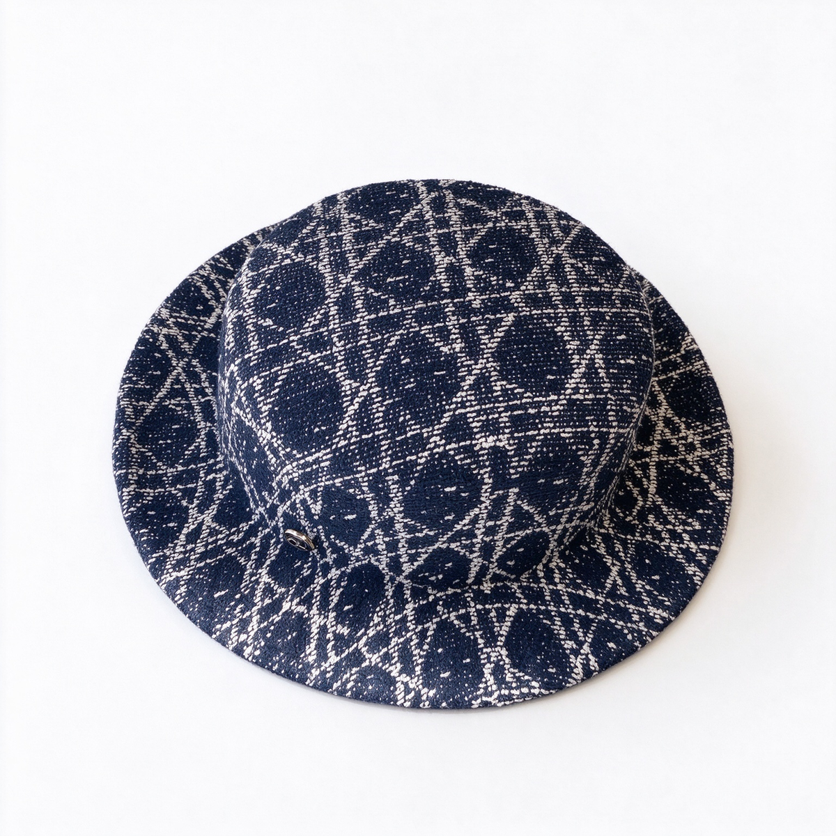 Dior Style Oblique Jacquard Bucket Hat – Dark Navy Blue All-Over Monogram Fisherman Hat with CD Metal Buckle