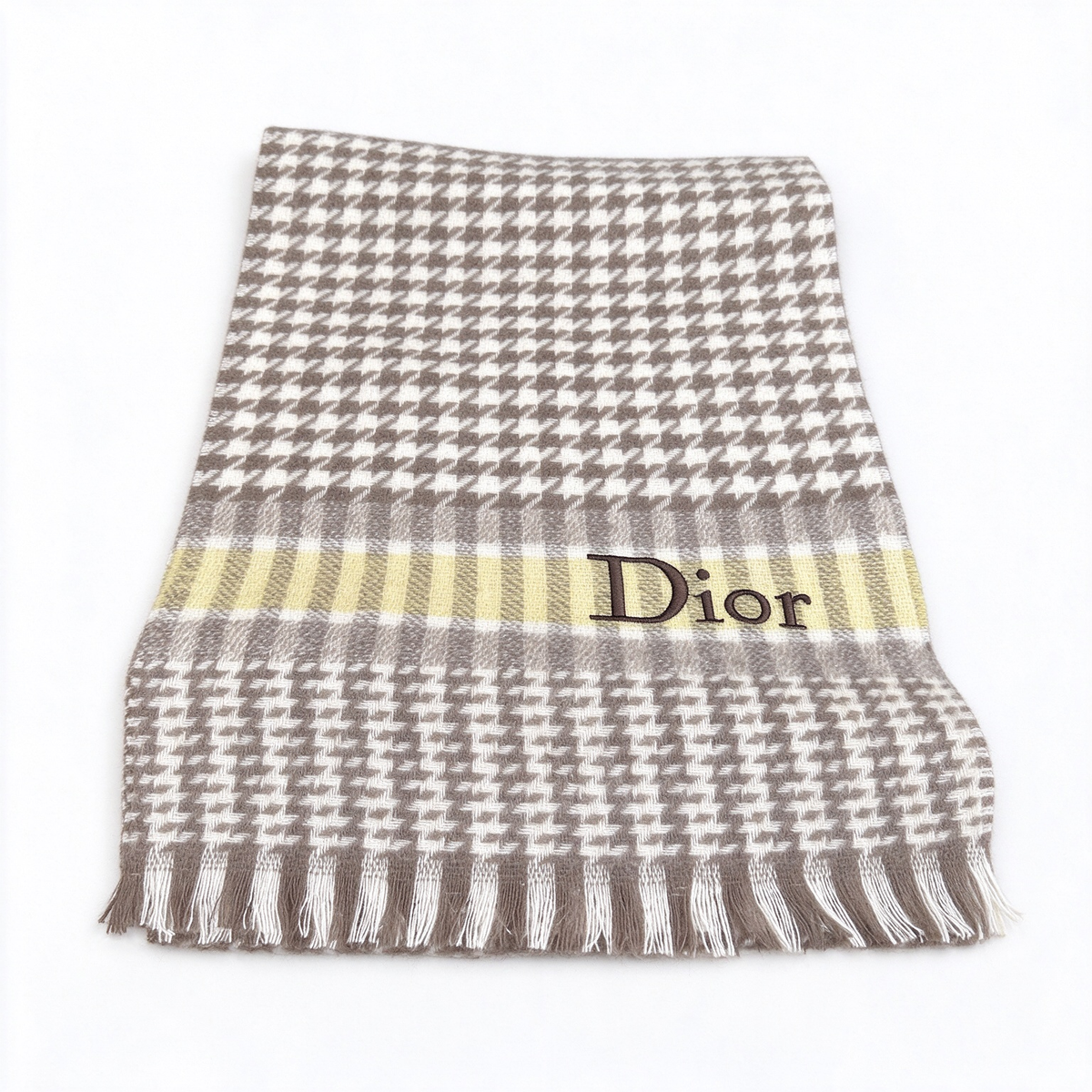 Christian Dior Houndstooth Cashmere Wool Scarf – Beige & Yellow Striped Fringed Shawl | Luxury Designer Winter Accessory