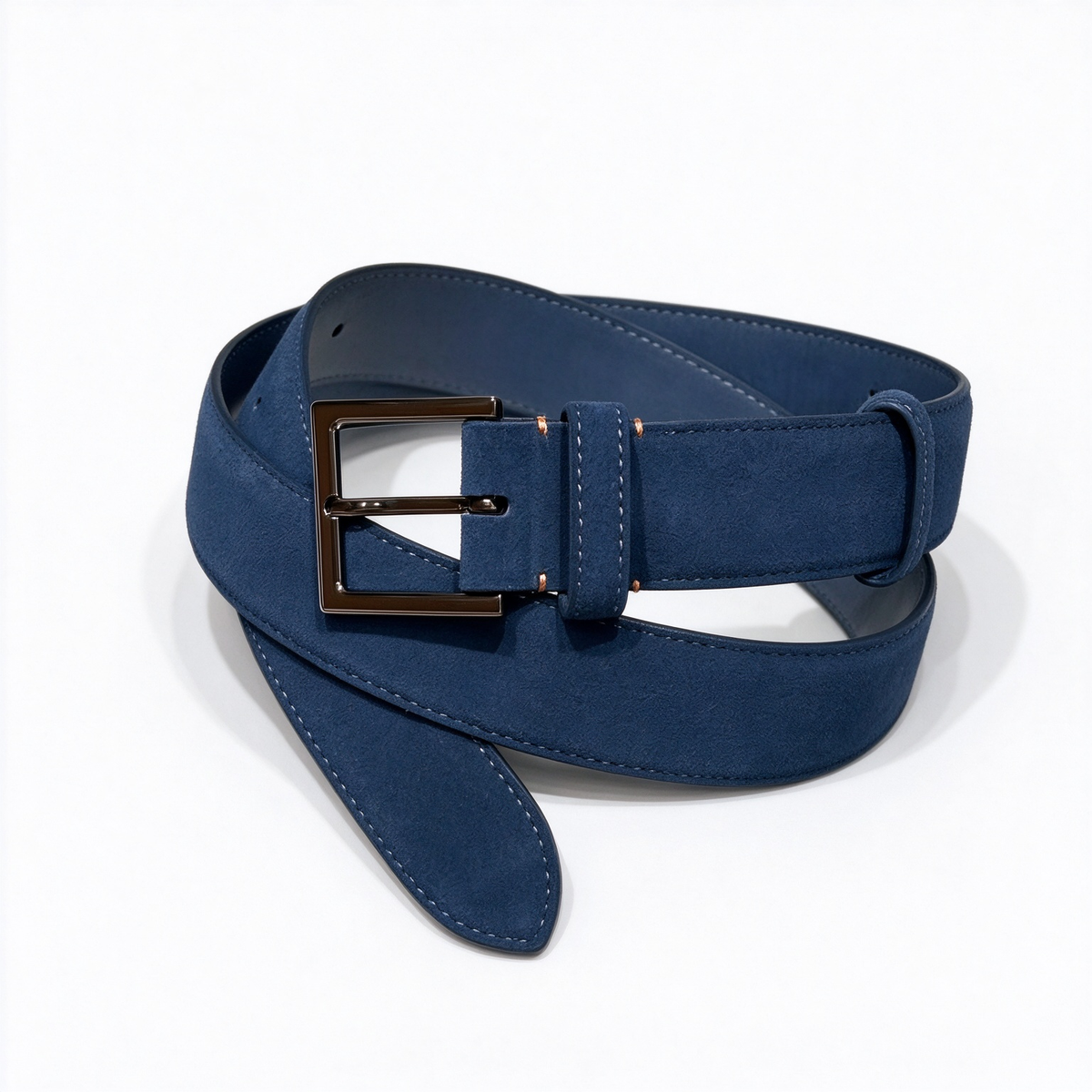 Loro Piana Reversible Suede Leather Belt in Navy Blue — Italian Crafted Double-Sided Luxury Belt with Gunmetal Buckle | Premium Designer Fashion Accessories