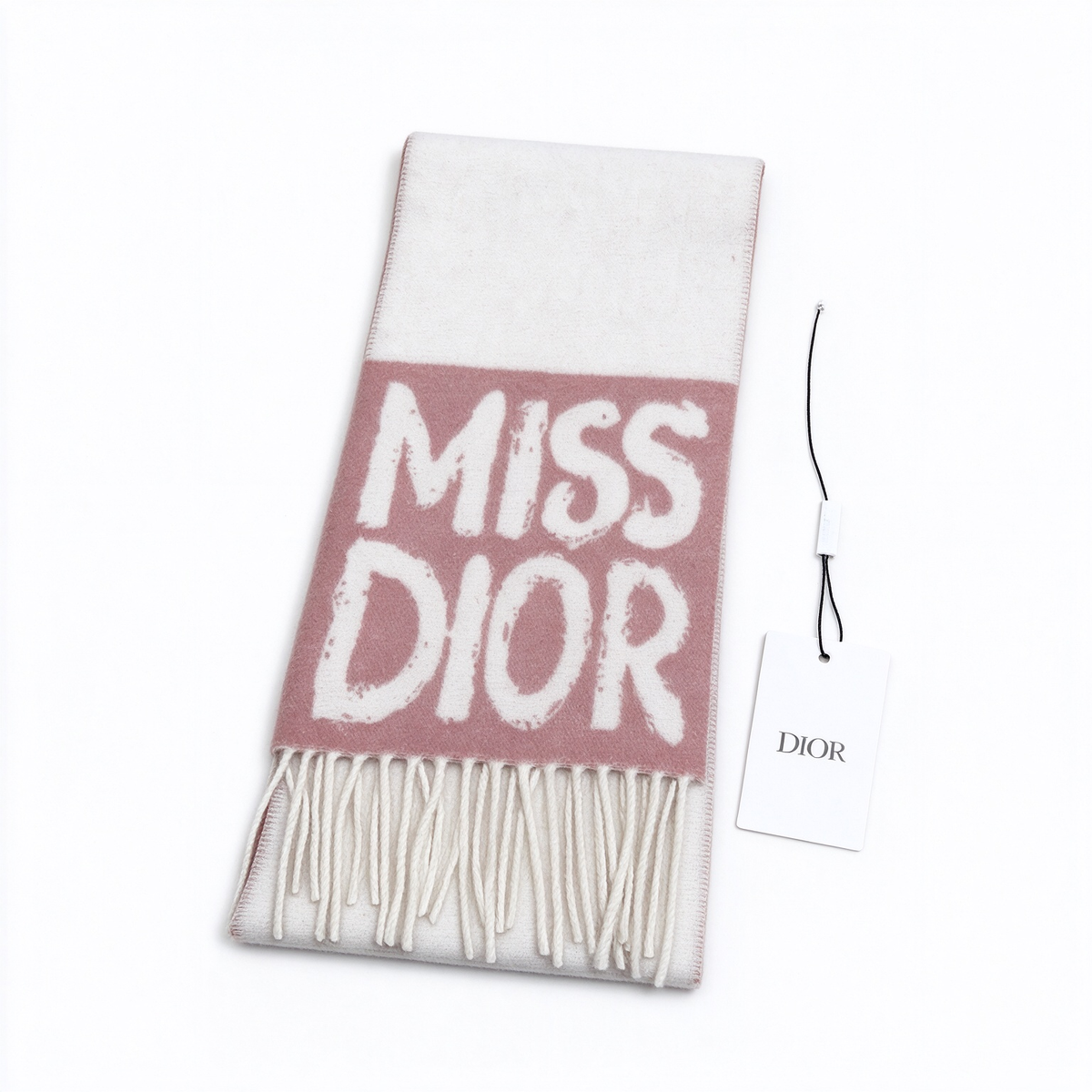 Dior Miss Dior Scarf | Blush Pink & White Wool Cashmere Wrap | Oversized Logo Fringed Luxury Winter Stole
