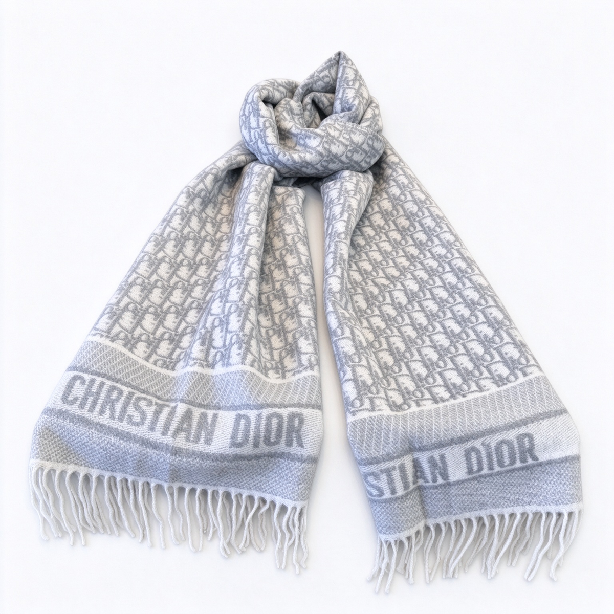 Dior Oblique Jacquard Scarf | Grey & White Wool Wrap | Embroidered Logo Band & Fringed Luxury Stole