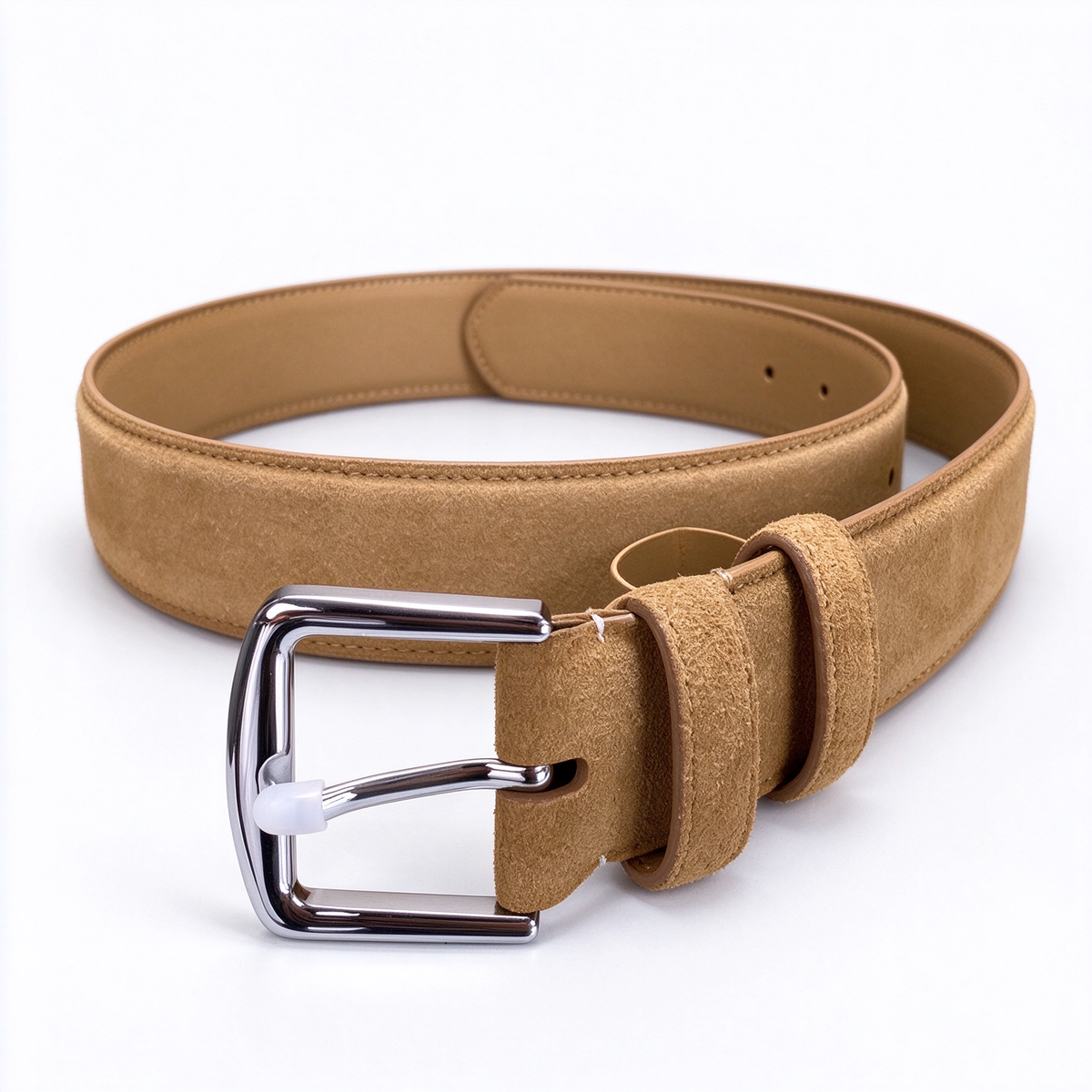 Loro Piana Classic Suede Leather Belt - Camel/Tan Italian Suede with Polished Gold Square Buckle, Designer Luxury Waist Belt