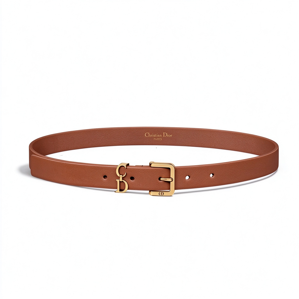 Dior Saddle Loop Brown Leather Belt | Gold CD Charm & Pin Buckle Skinny Waist Belt — Luxury Designer Fine Leather Belt