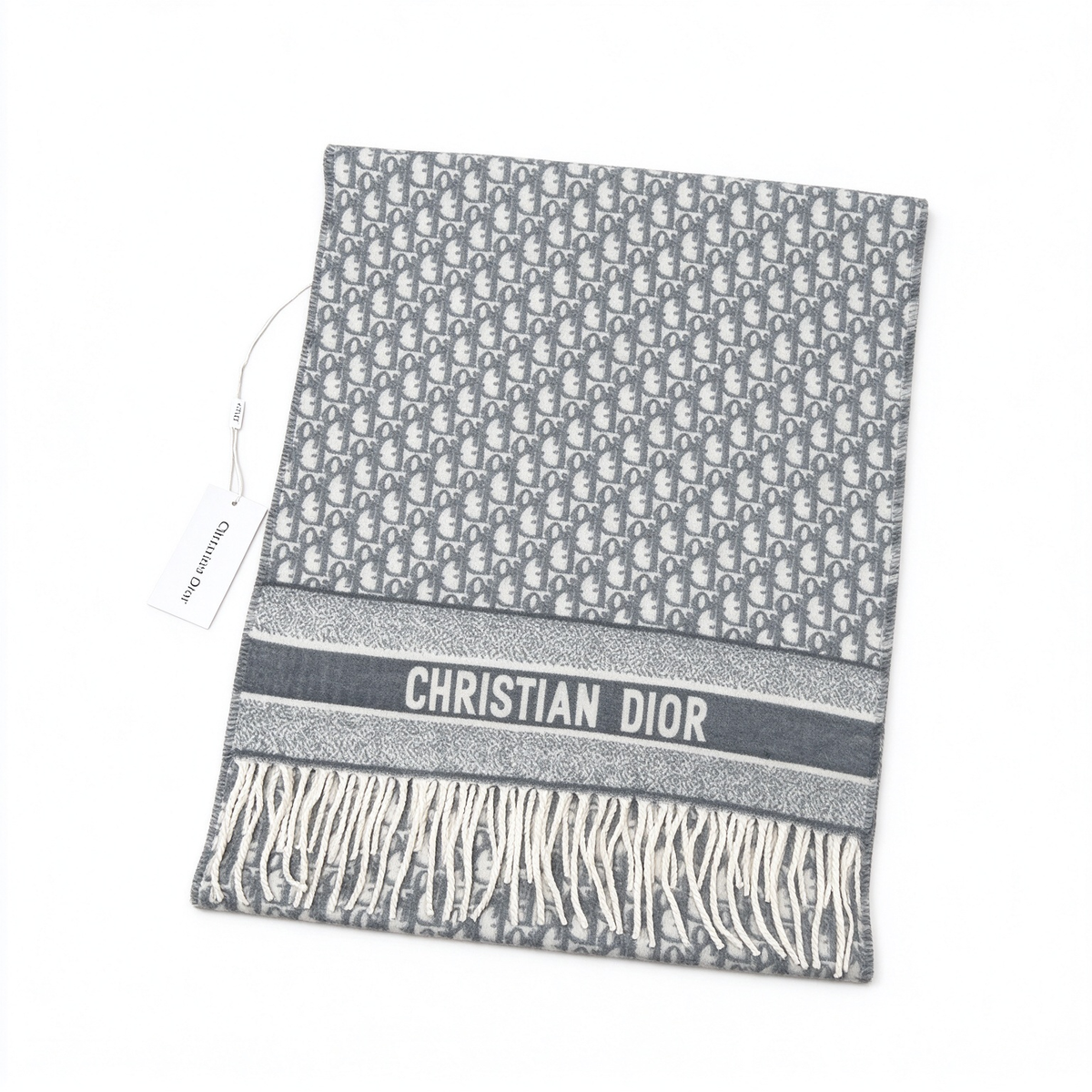 Dior Oblique Jacquard Scarf | Grey & White  Wool Wrap | Embroidered Logo Band & Fringed Stole