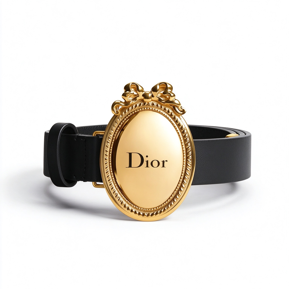Dior Médaillon Black Leather Belt | Antique Gold Medallion Bow Buckle & Engraved Logo — Luxury Designer Skinny Waist Belt