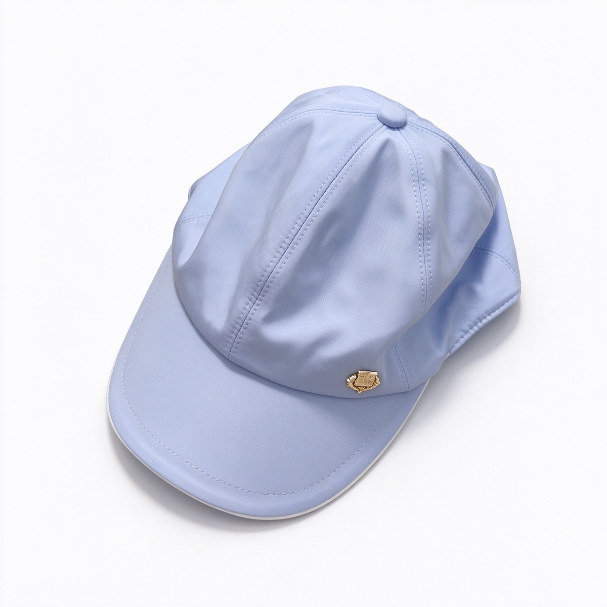 Loro Piana Storm System  Baseball Cap | Light Blue Waterproof Wind Microfiber Hat with White Trim & Gold Crest Badge