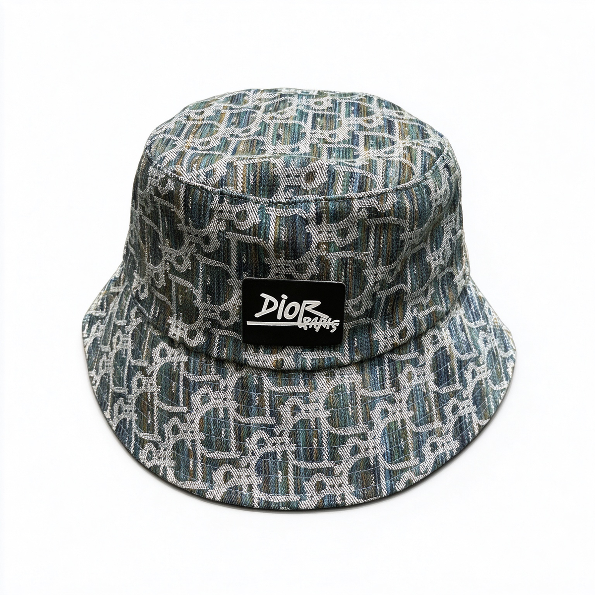Dior Style Dior Graphs Oblique Jacquard Bucket Hat – Multi-Color Teal Blue All-Over Monogram Fisherman Hat with Black Square Patch Badge, Luxury French Designer Streetwear Cap for Men & Women