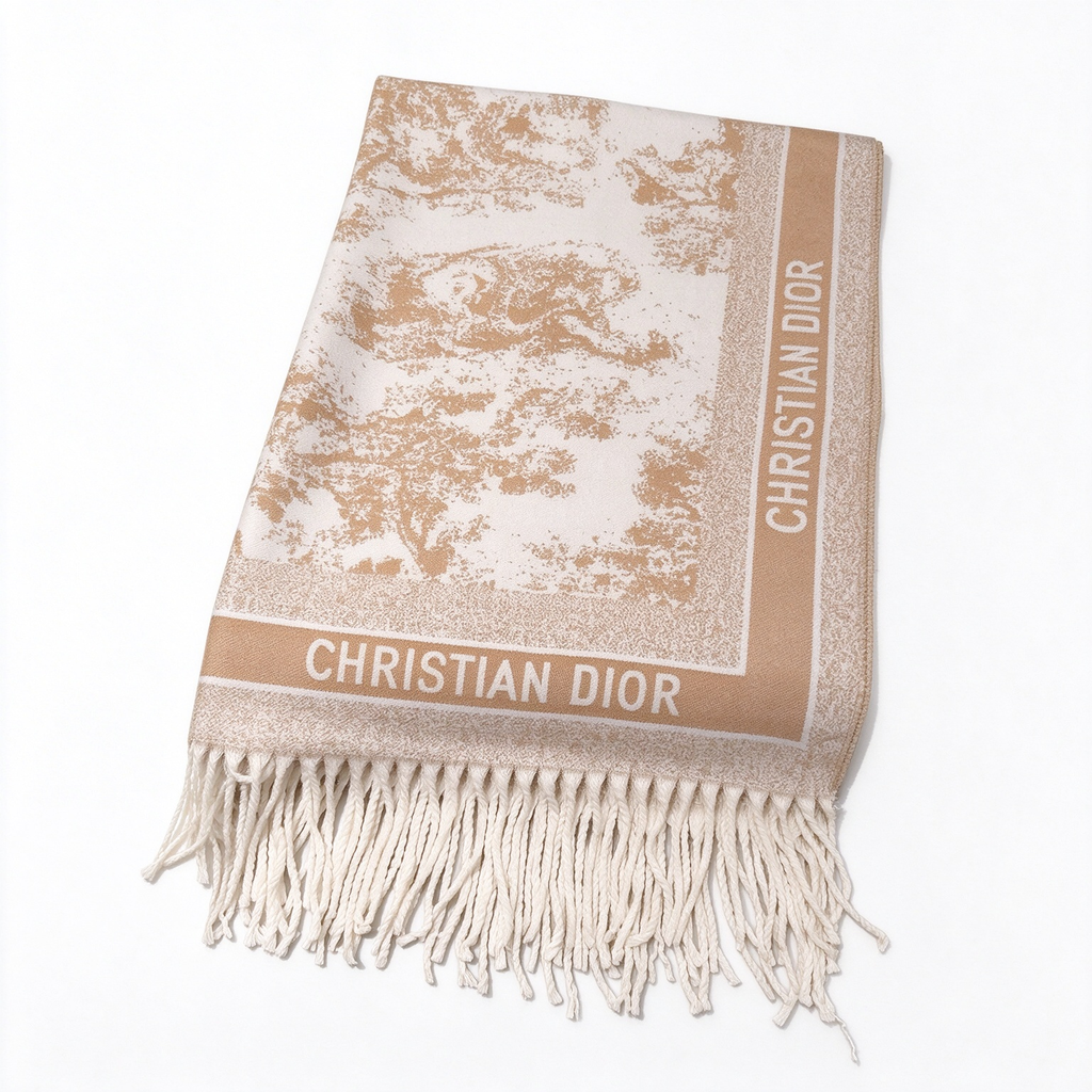 Christian Dior Explorations Toile de Jouy Scarf – Camel & Ivory Cashmere Wool Blend Fringed Scarf | Luxury Designer Women's Accessory