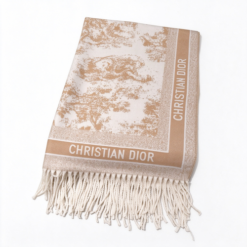 Christian Dior Explorations Toile de Jouy Scarf – Camel & Ivory Cashmere Wool Blend Fringed Scarf | Luxury Designer Women's Accessory