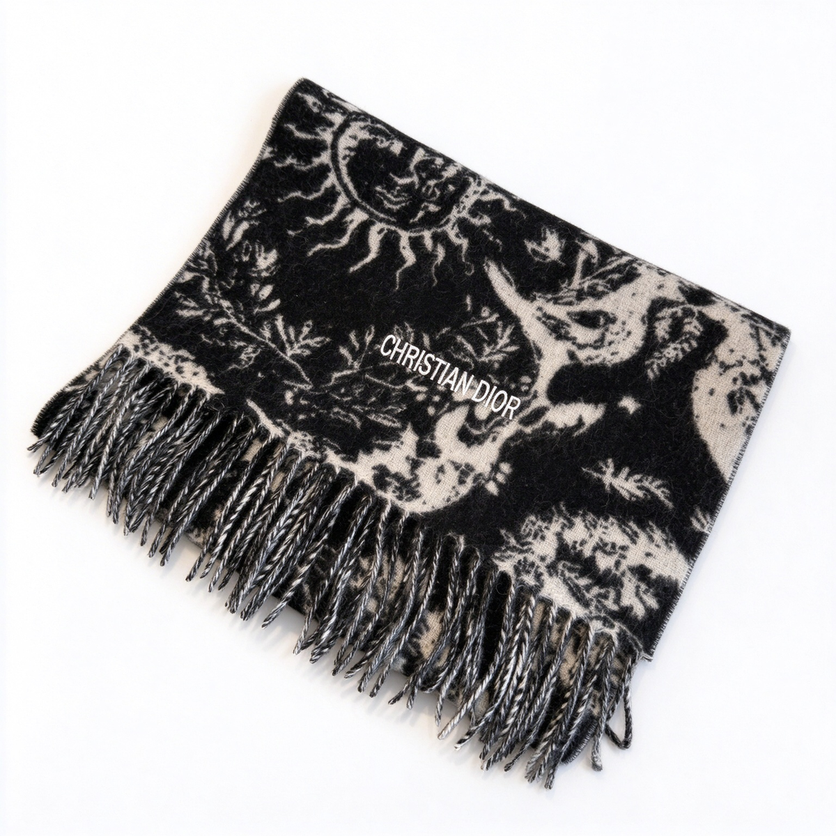Christian Dior Sauvage Toile de Jouy Scarf – Black & White Cashmere Wool Blend with Fringe & Logo Detail | Luxury Designer Scarf for Women