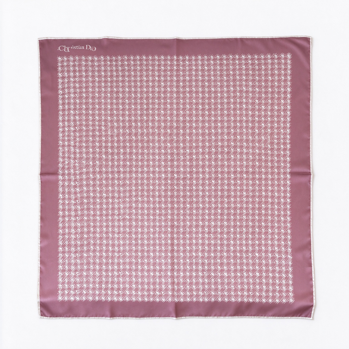 Dior Style Houndstooth Silk Square Scarf – Dusty Rose Pied-de-Poule Print Carré , Luxury French Designer 100% Silk Headscarf for Women, Classic Neck Wrap Accessory