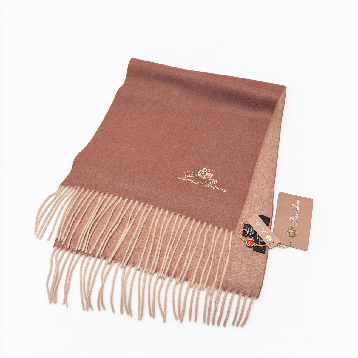 Loro PianaCashmere Grande Unita Reversible Scarf Dusty Rose Oatmeal | Gold Embroidered Crest Fringed Luxury Wrap Women's